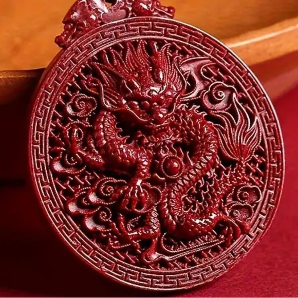 Year of the Dragon Cinnabar carved necklace - Picture 3 of 3